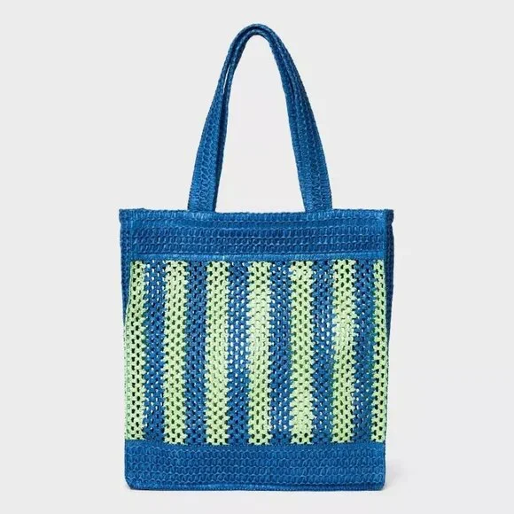 Universal Thread Crochet Woven Handbag Blue Green Tote Single Compartment - Picture 1 of 9